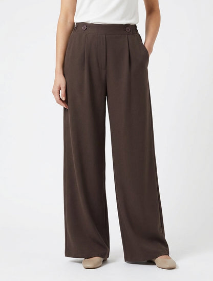 Pantalon uni à taille élastiquée - Marron