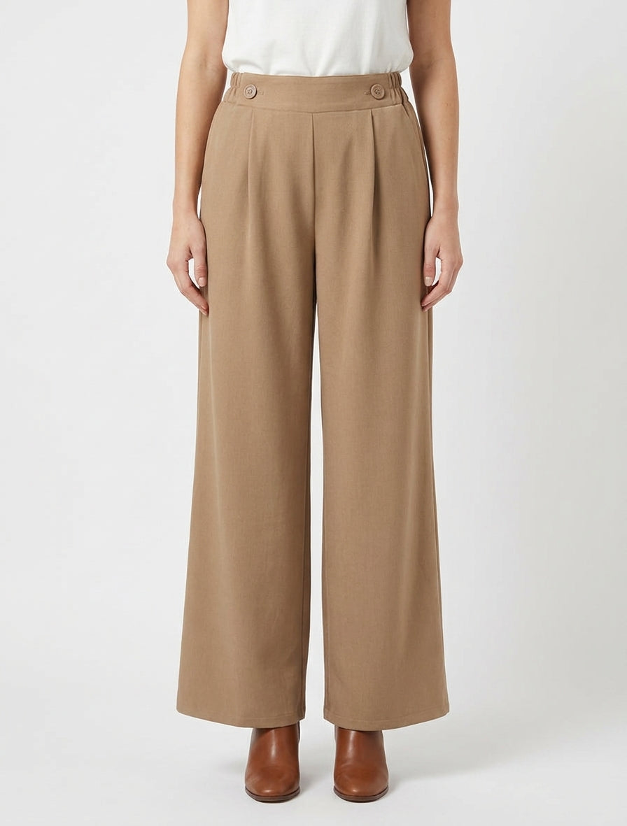 Pantalon uni à taille élastiquée - Camel