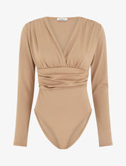 Body manches longues à taille plissée - Camel clair - 1