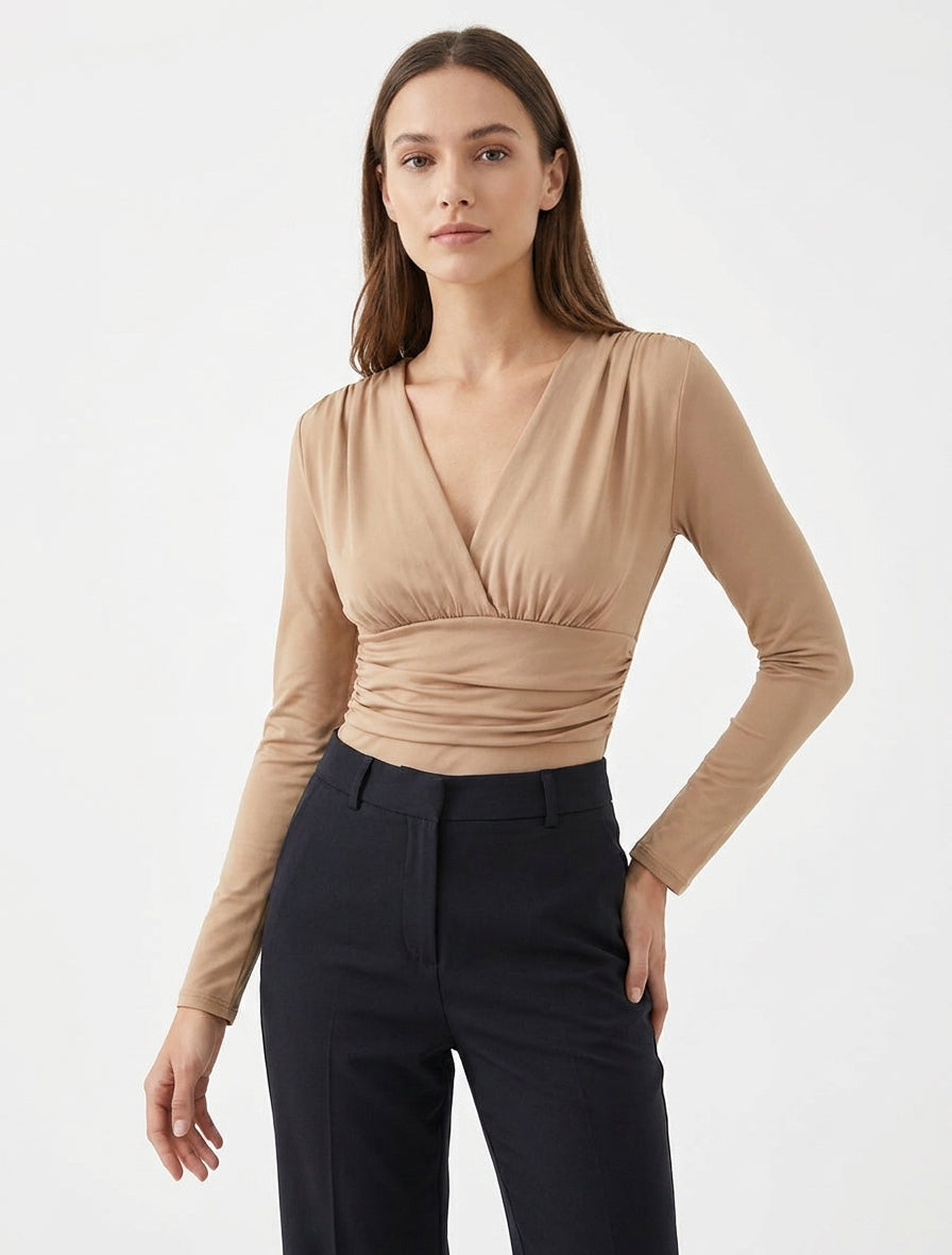 Lichaam met lange mouwen en geplooide taille - Licht kameel