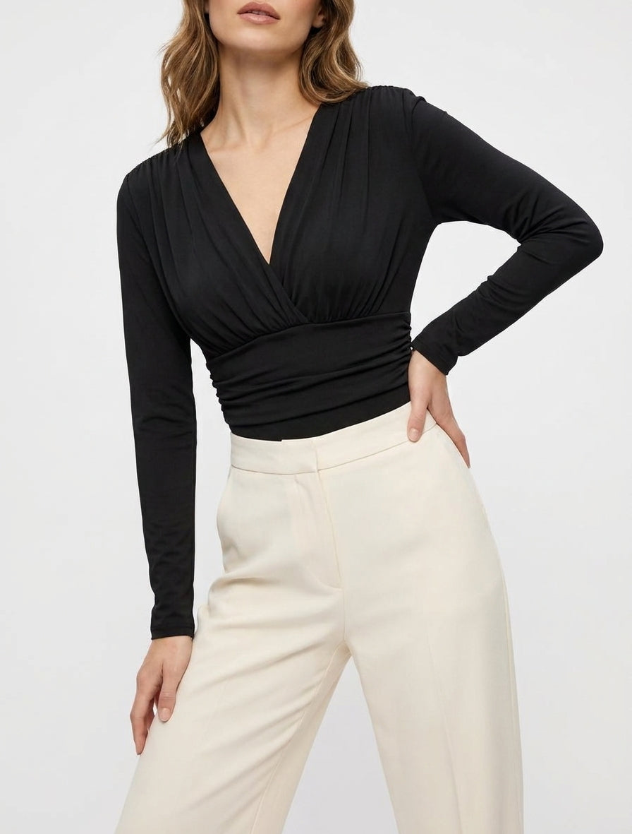 Body manches longues à taille plissée - Noir