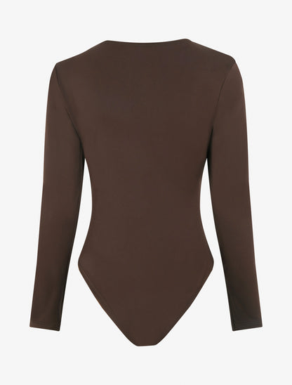 Body satiné à col asymétrique et bijou - Marron - 2