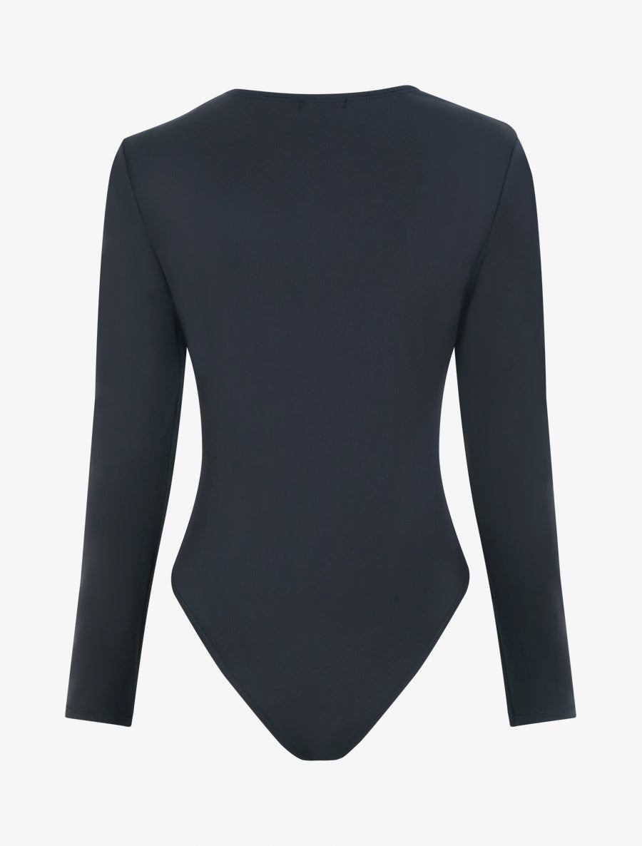 Body satiné à col asymétrique et bijou - Bleu nuit - 2