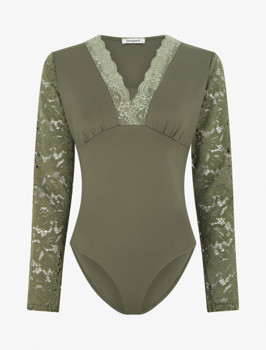 Body à manches longues et col en dentelle - Kaki - 1