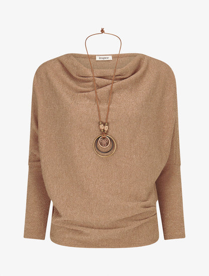 Pull côtelé avec sautoir - Taupe - 1