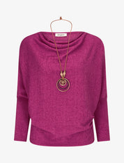 Pull côtelé avec sautoir - Fushia - 5