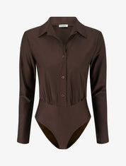 Body satiné style chemise - Marron - 1