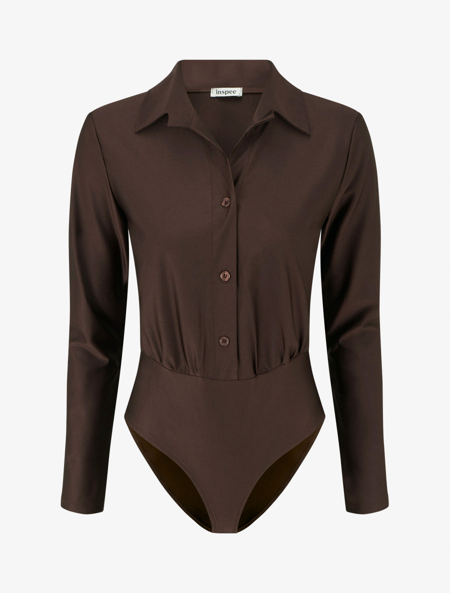 Body satiné style chemise - Marron - 1