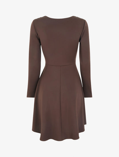 Robe patineuse manches longues à taille plissée - Marron - 2