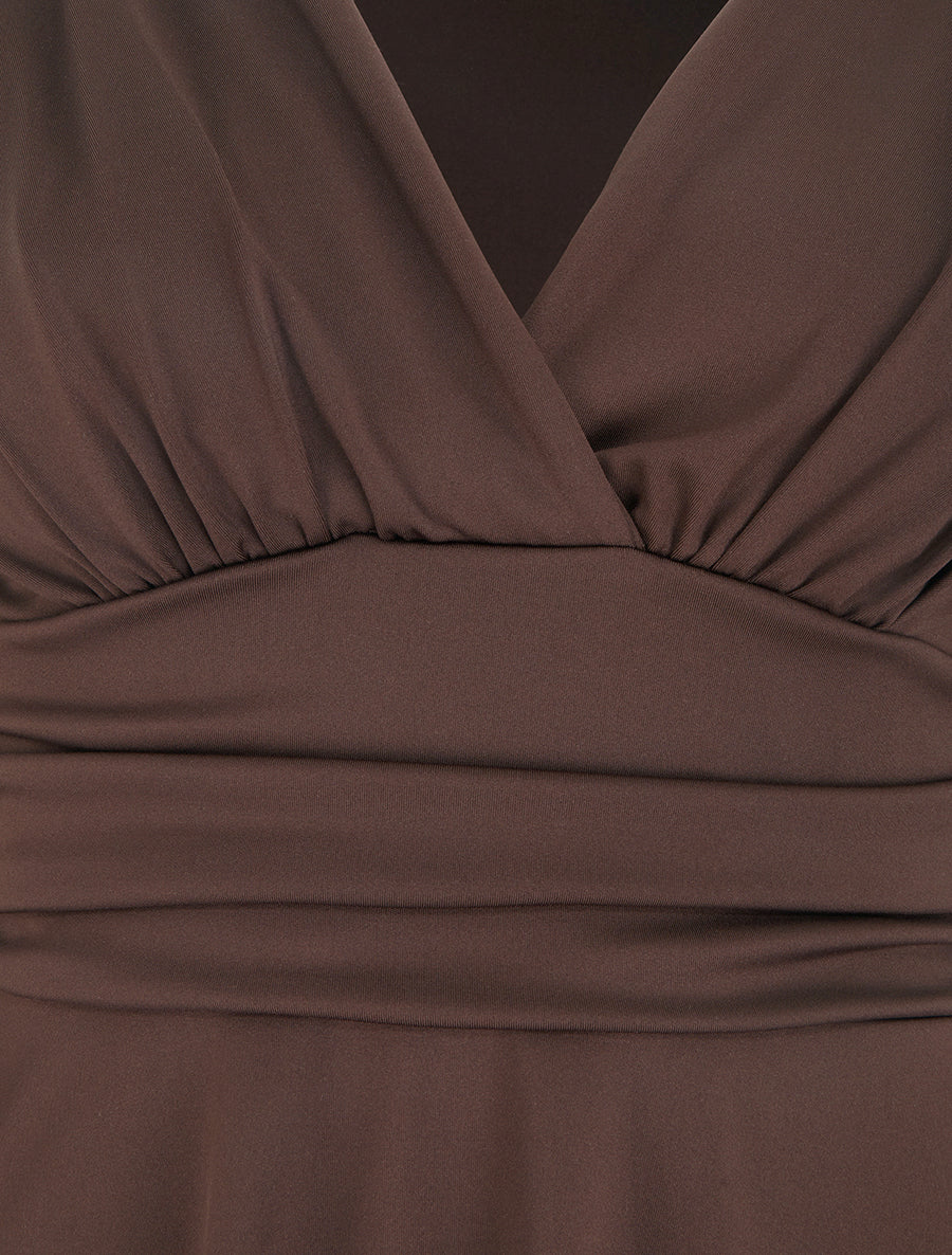 Robe patineuse manches longues à taille plissée - Marron - 3
