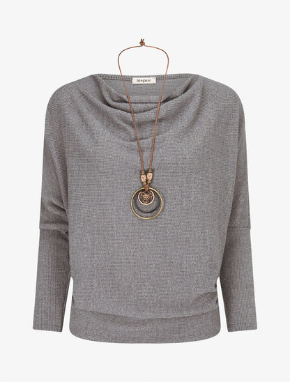 Pull côtelé avec sautoir - Gris foncé - 1
