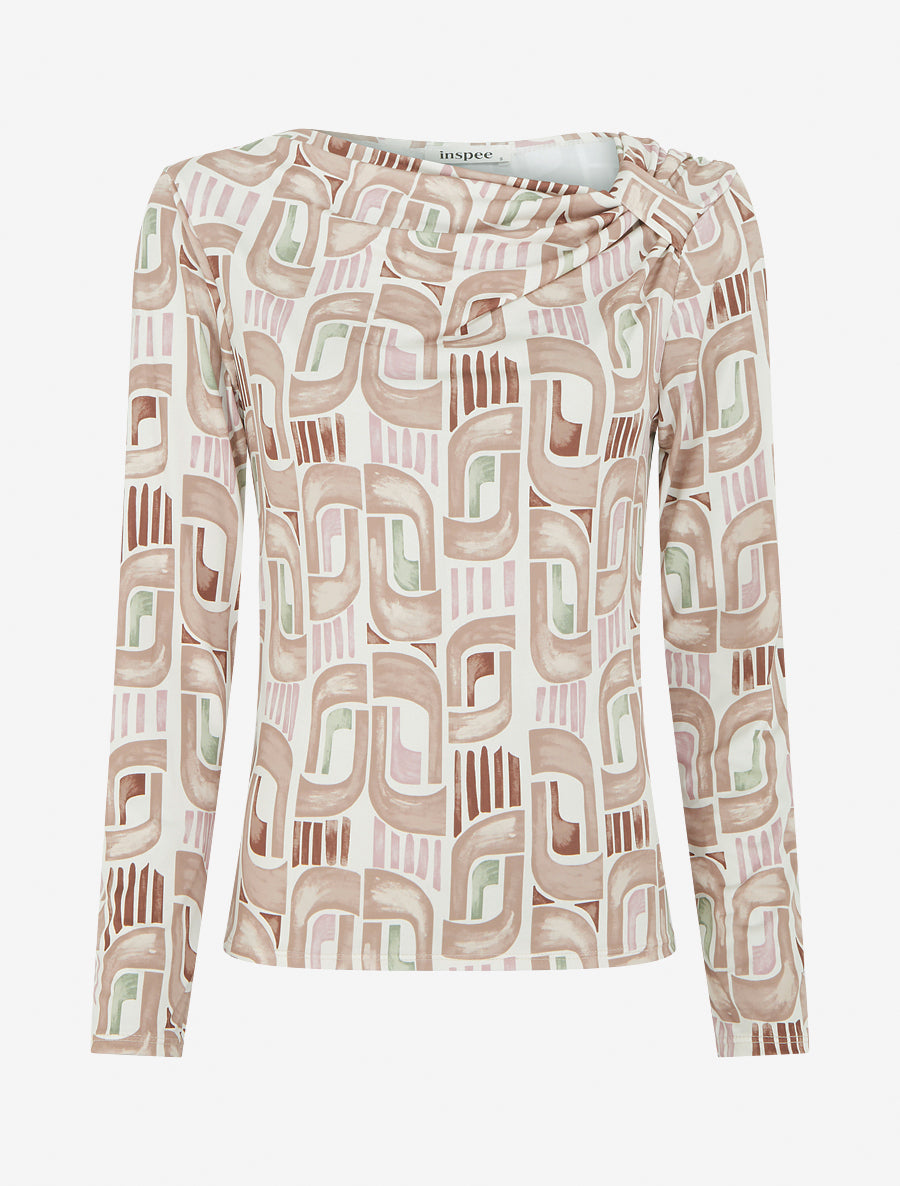 Top imprimé rétro à manches longues - Beige - 1