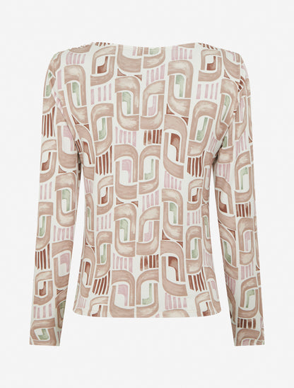 Top imprimé rétro à manches longues - Beige - 2