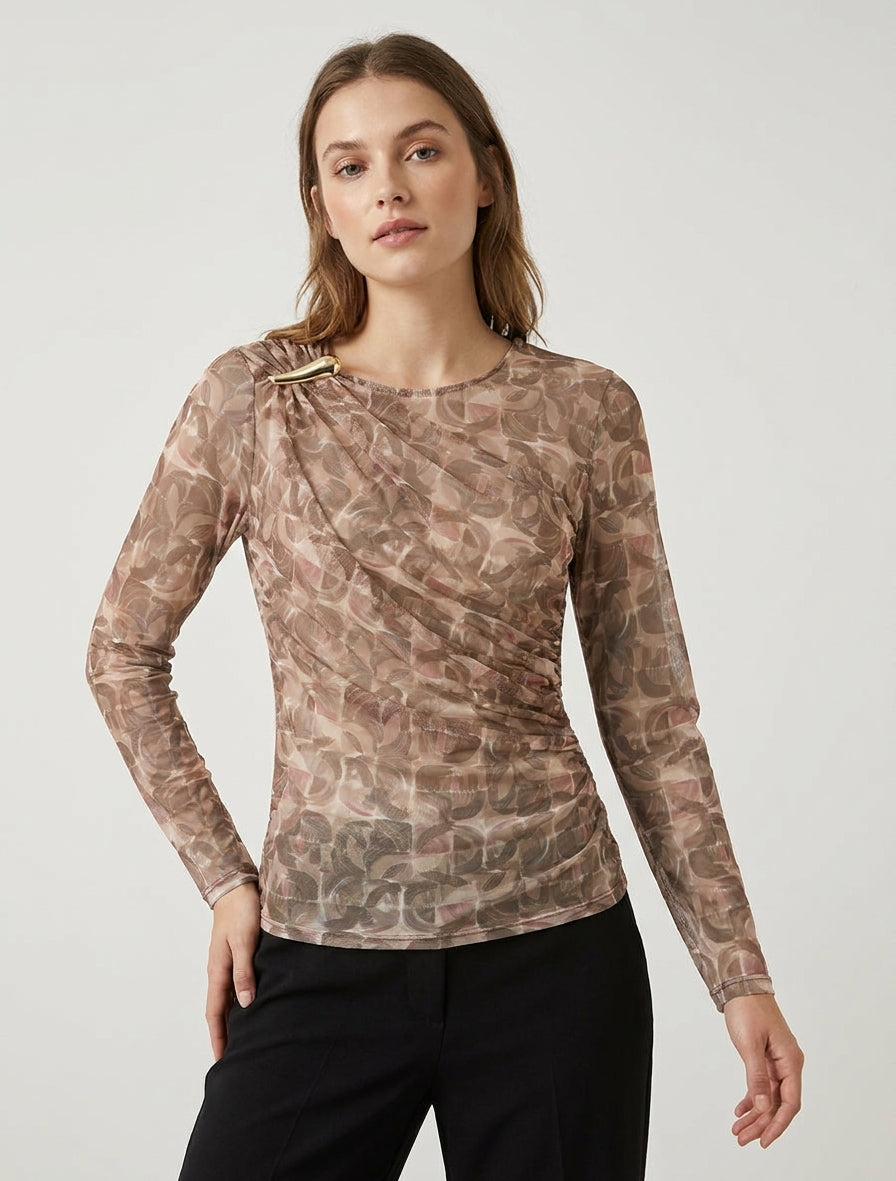 Top van tule met abstracte print en sierlijk inzetstuk - Beige