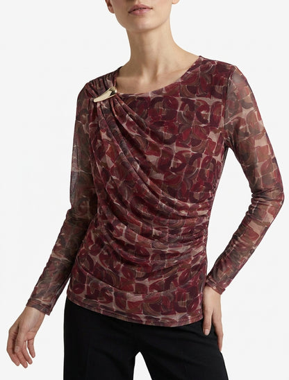 Top van tule met abstracte print en sierlijk inzetstuk - Pruim