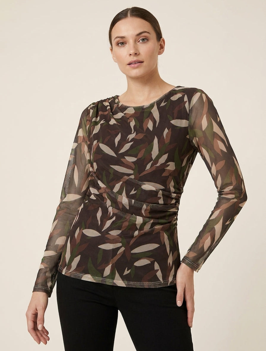 Top imprimé abstrait en tulle - Marron