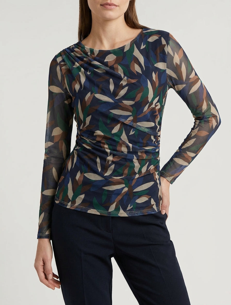 Abstracte bedrukte top in tule - Marine