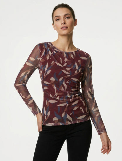 Top imprimé abstrait en tulle - Prune