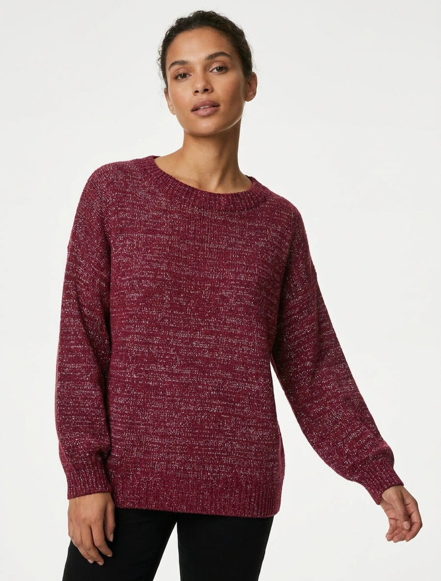 Pull ample en maille irisée à col rond - Lie de vin