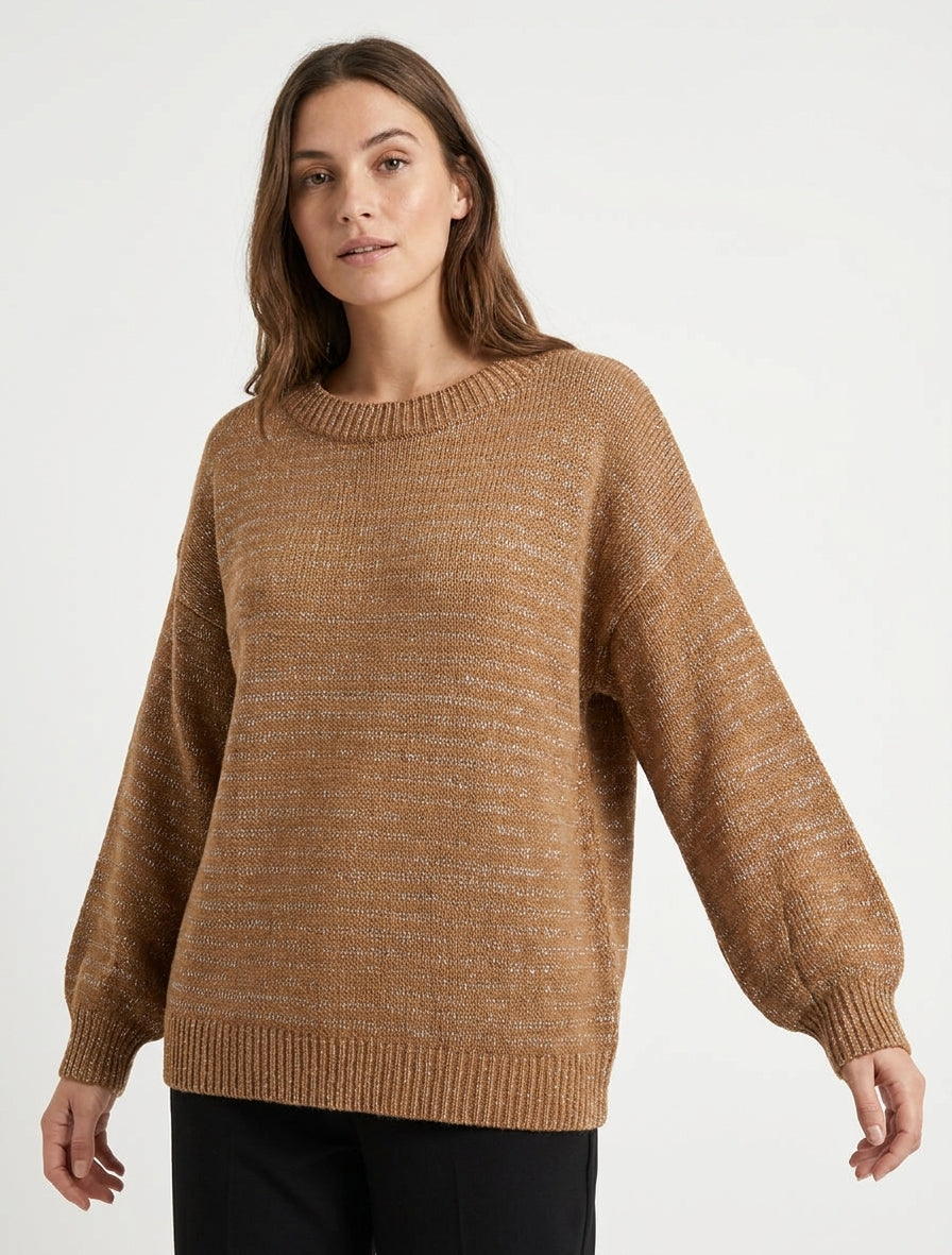 Pull ample en maille irisée à col rond - Camel