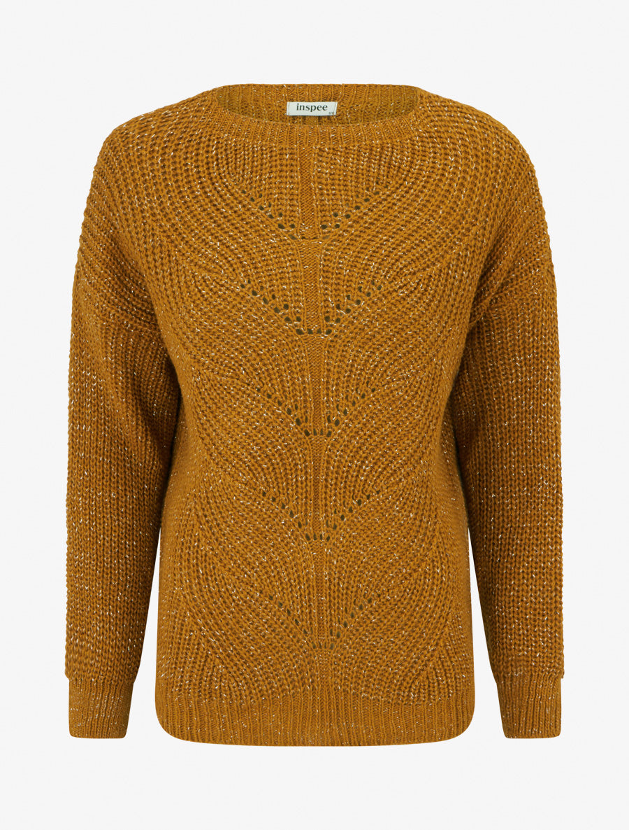 Pull droit en maille irisée à col bateau - Moutarde - 1