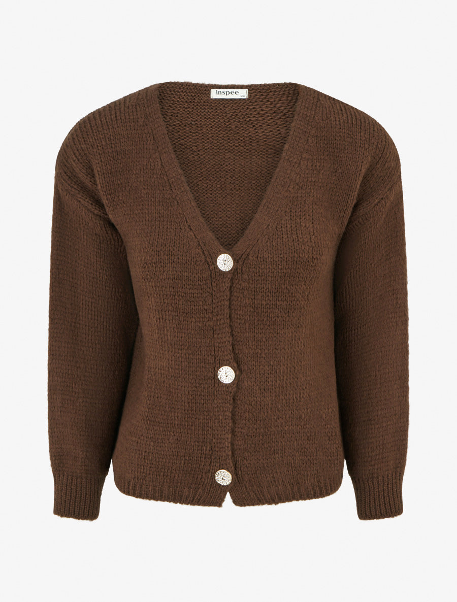 Gilet ample en maille épaisse à col V - Marron - 1