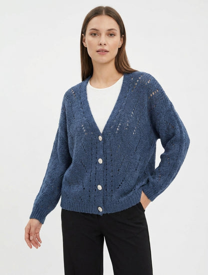 Gilet ample en maille ajourée à col V - Bleu
