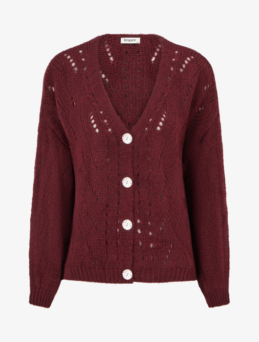 Gilet ample en maille ajourée à col V - Lie de vin - 1
