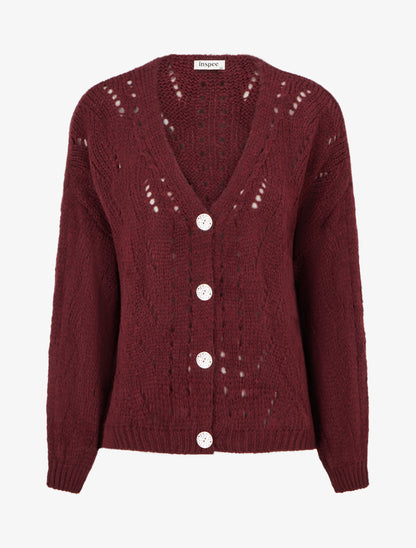 Gilet ample en maille ajourée à col V - Lie de vin - 1
