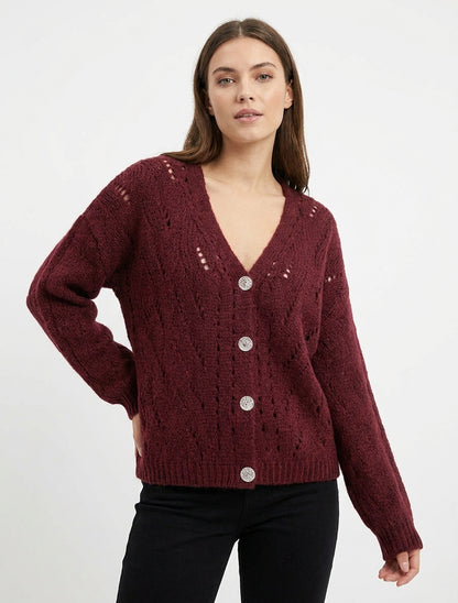 Gilet ample en maille ajourée à col V - Lie de vin