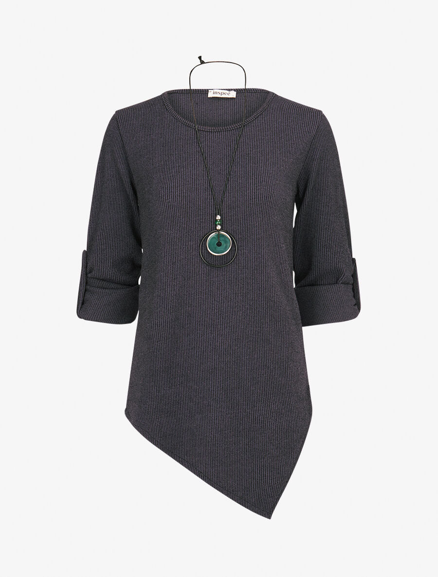 Pull long côtelé et asymétrique - Marine - 1