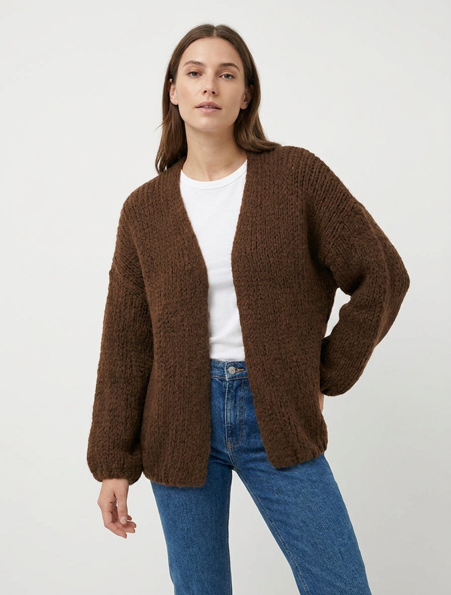 Gilet ouvert en maille épaisse coupe ample - Marron