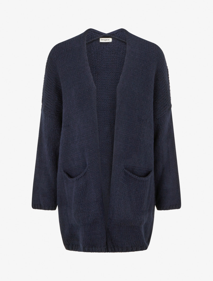 Gilet long ouvert en maille épaisse - Marine - 1