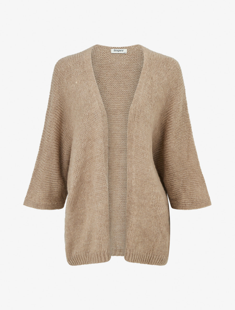 Gilet ouvert en maille épaisse à manches chauve-souris - Beige - 1