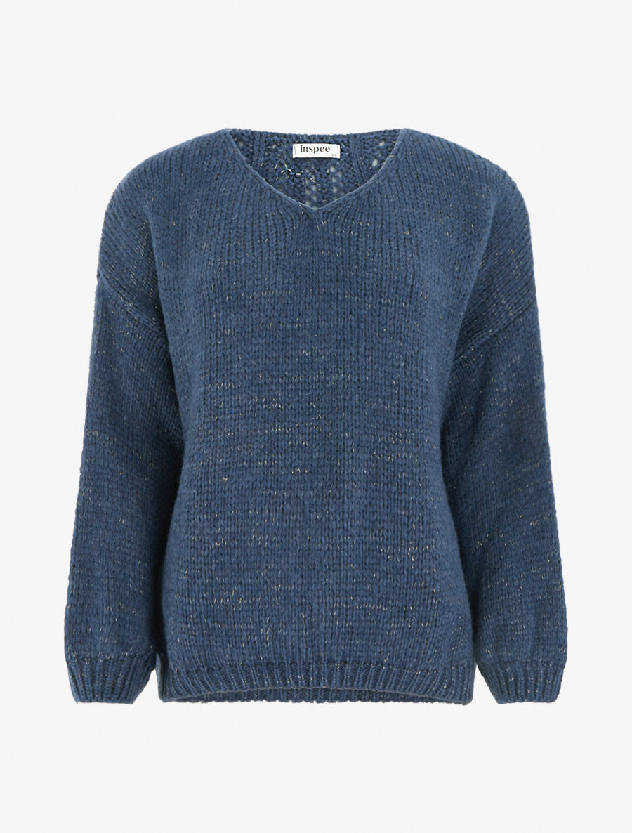 Pull ample irisé à col V - Bleu charrette - 1