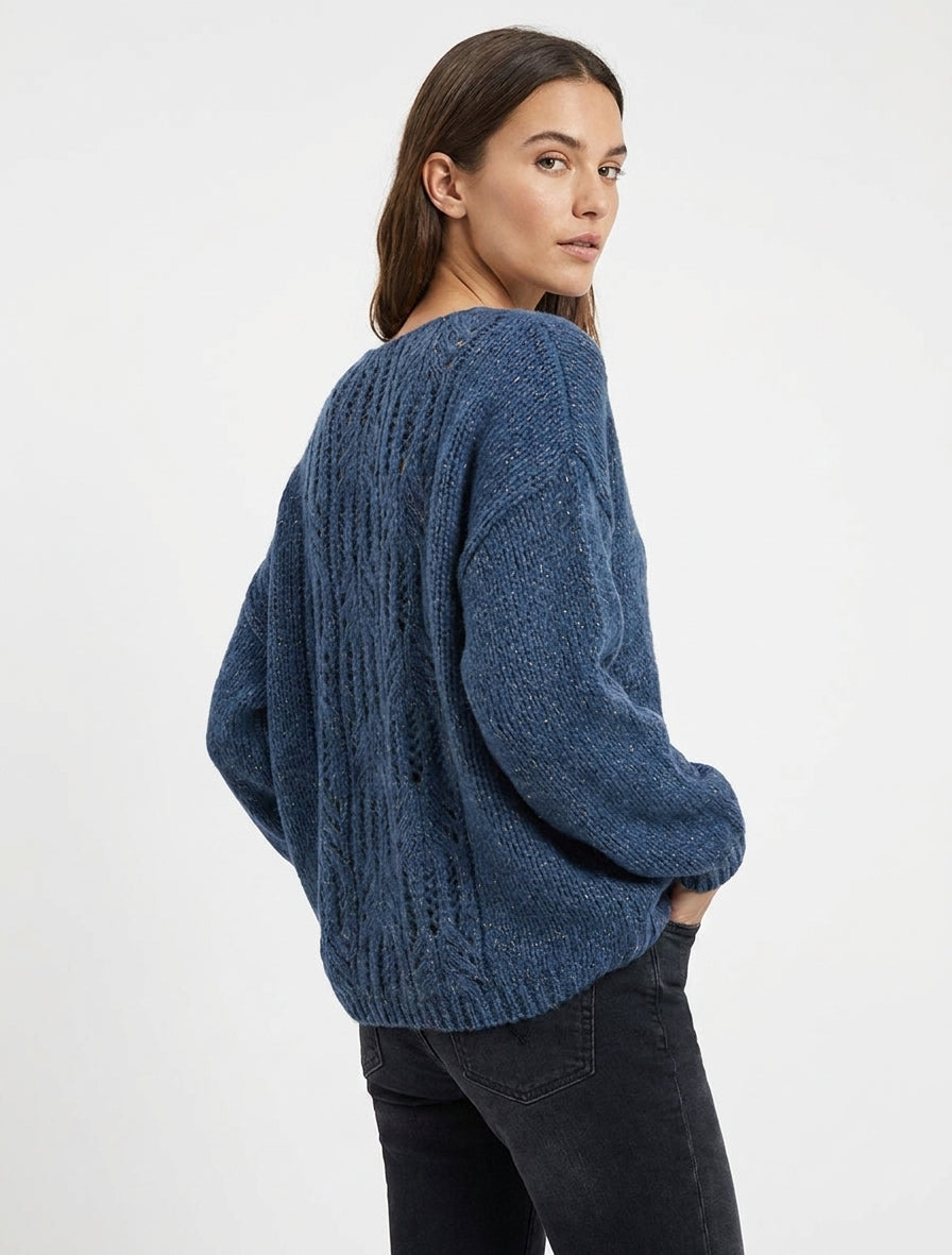 Pull ample irisé à col V - Bleu charrette