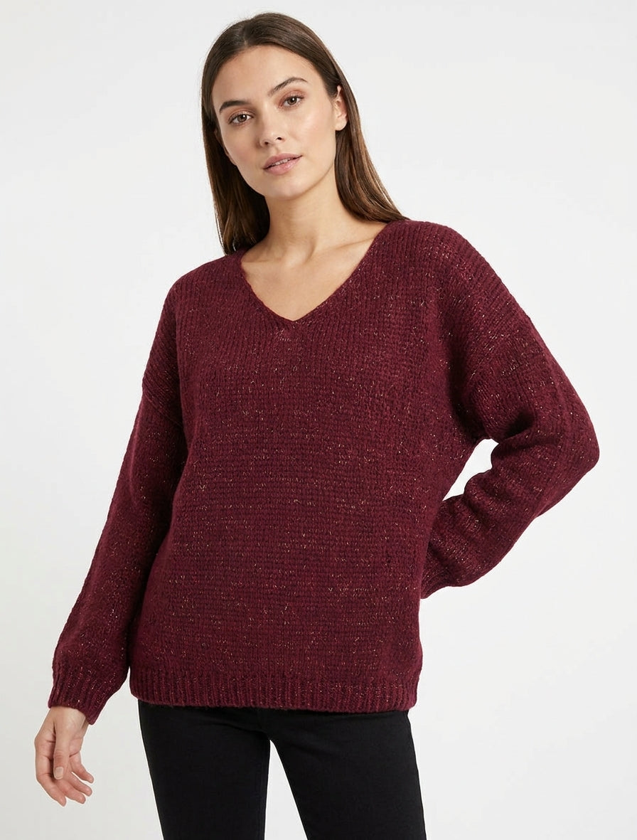 Pull ample irisé à col V - Lie de vin