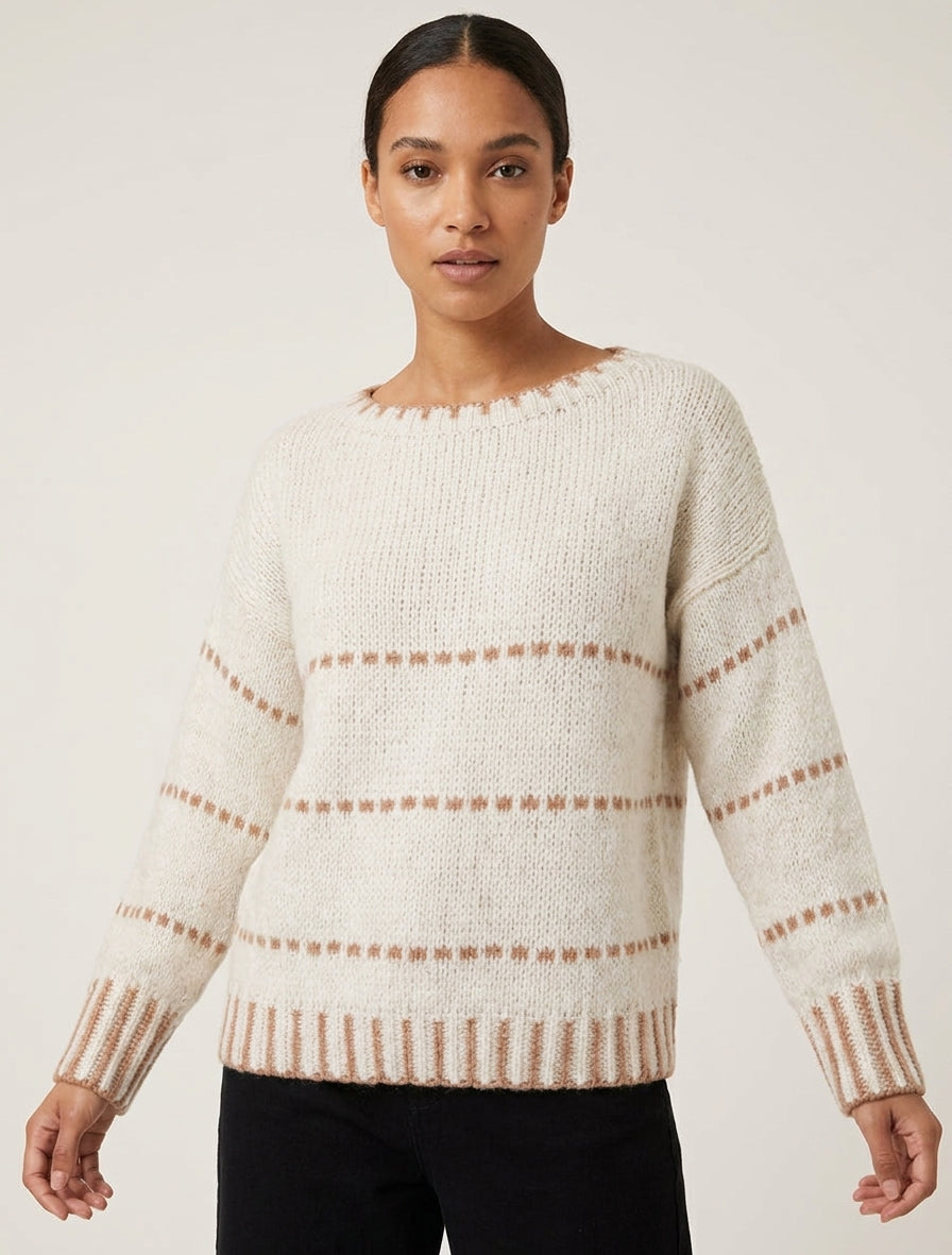Pull coupe carrée à rayures style pointillé - Écru