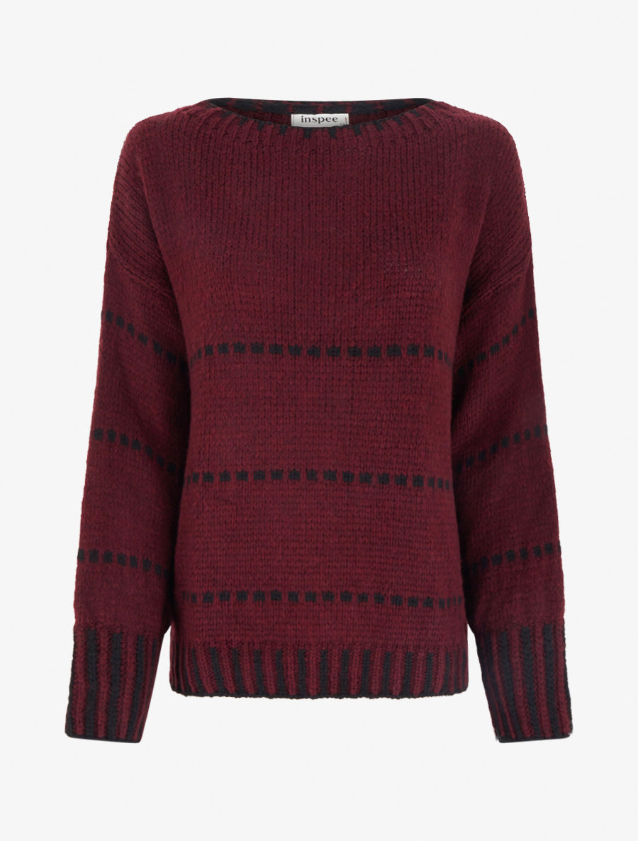 Pull coupe carrée à rayures style pointillé - Lie de vin - 1