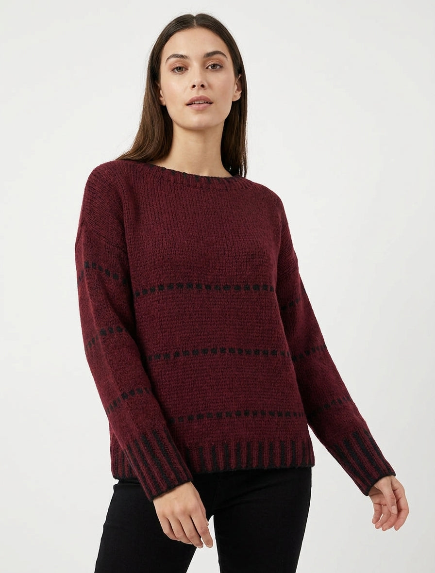 Pull coupe carrée à rayures style pointillé - Lie de vin