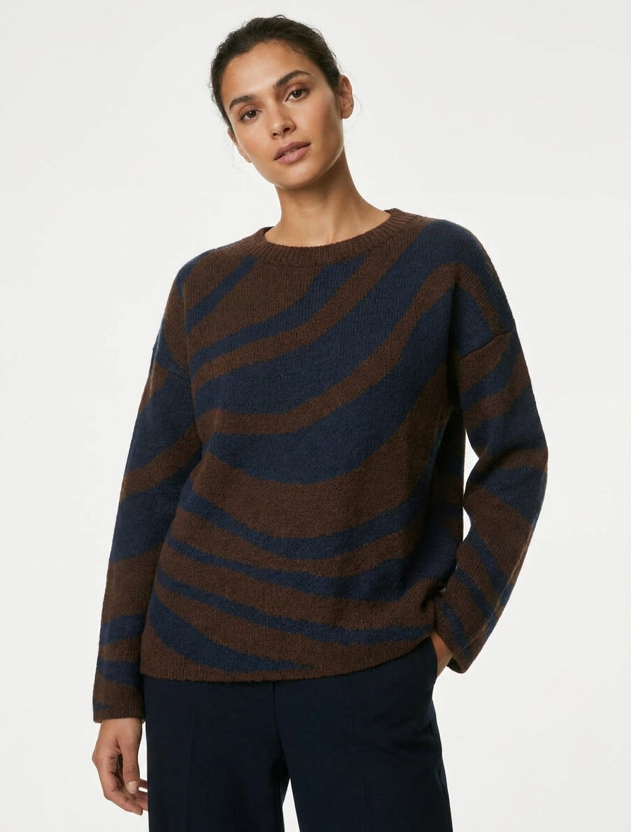 Pull coupe carrée à motif zèbre - Marine