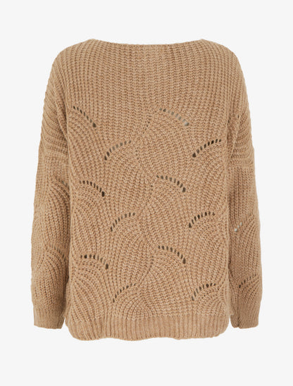 Pull ample en maille fantaisie ajourée - Camel - 2