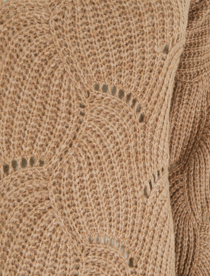 Pull ample en maille fantaisie ajourée - Camel - 3