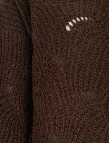 Pull ample en maille fantaisie ajourée - Marron - 3