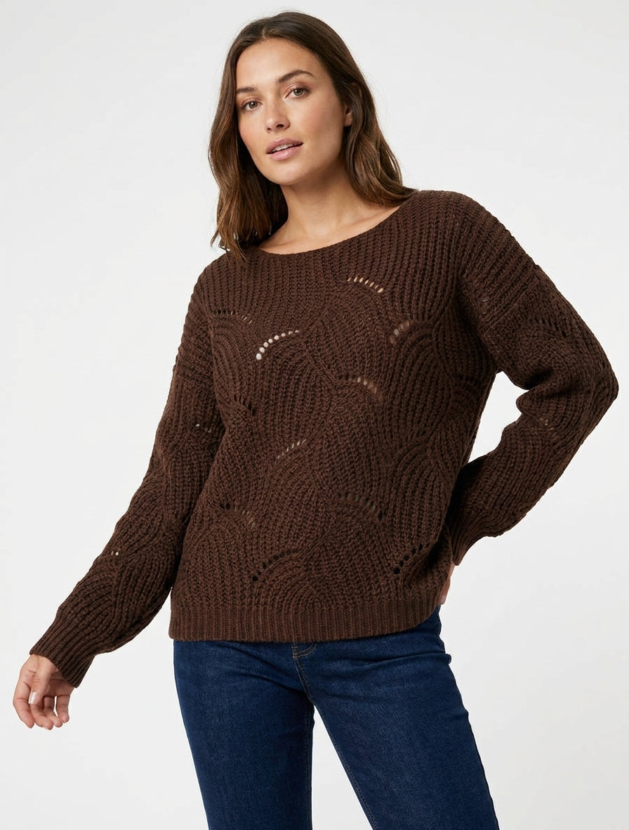 Pull ample en maille fantaisie ajourée - Marron