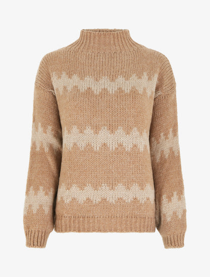 Pull ample à col montant et motif graphique - Camel - 1