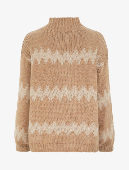 Pull ample à col montant et motif graphique - Camel - 2