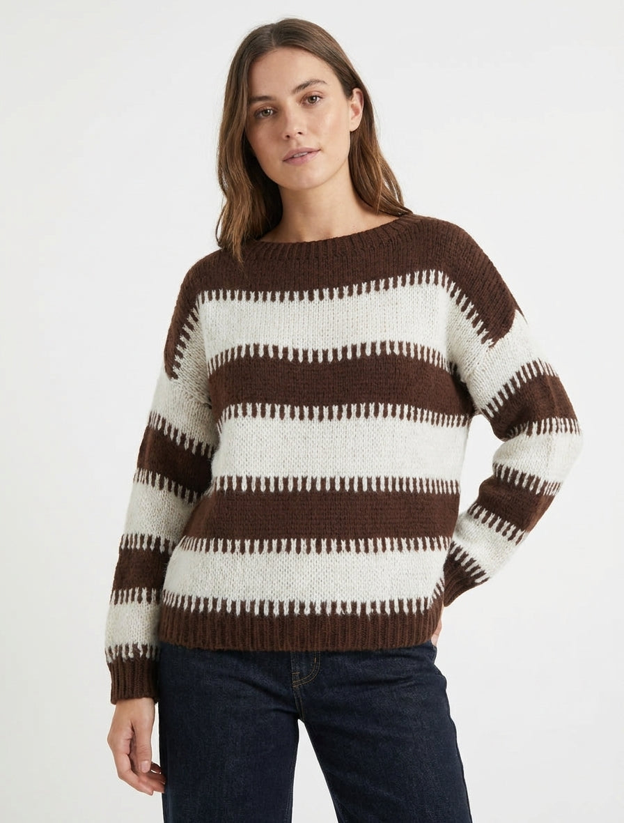 Pull coupe carrée à rayures fantaisies - Marron