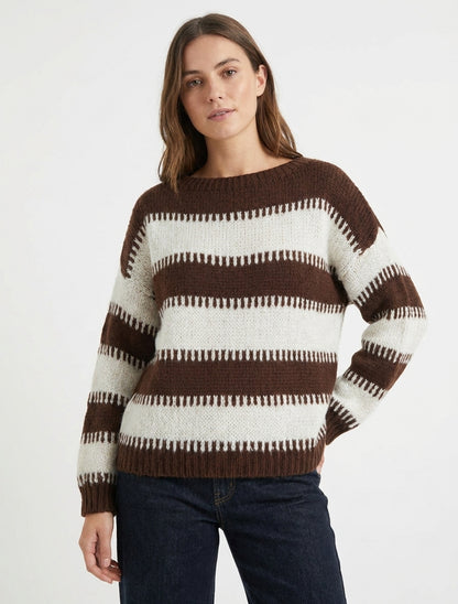 Pull coupe carrée à rayures fantaisies - Marron