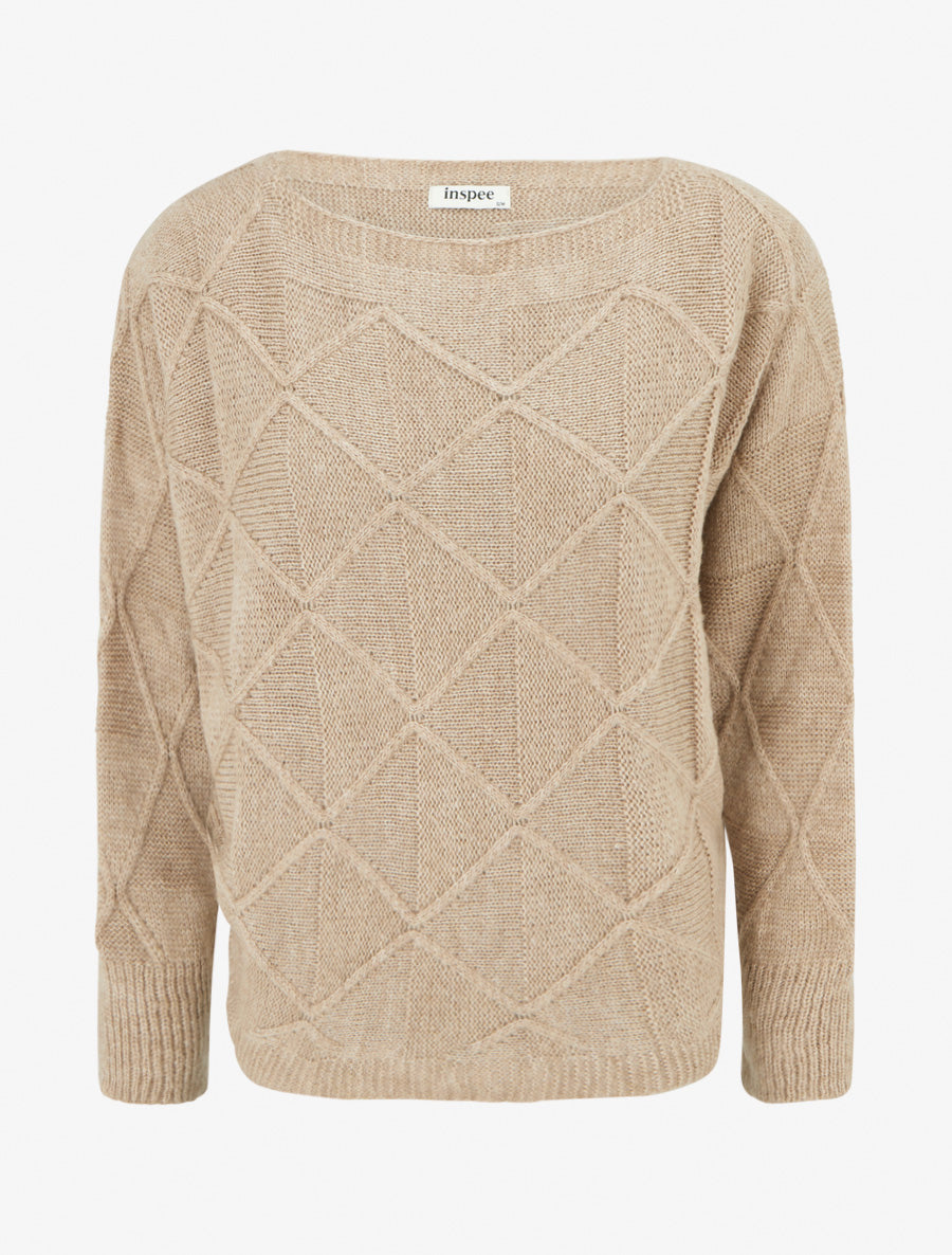 Pull à col bateau en maille effet quadrillé - Beige foncé - 1